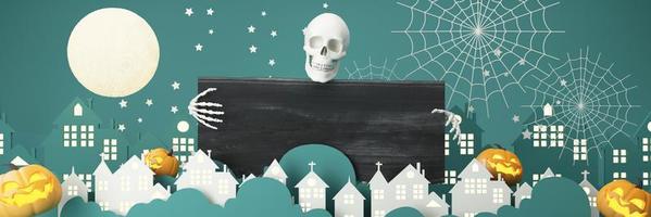 carteles de fiesta de feliz halloween con nubes nocturnas y calabazas en ilustración de dibujos animados. fantasma de luna llena y abucheo con lugar de casa embrujada para texto. fondo del folleto. Personaje de dibujos animados de procesamiento 3D foto