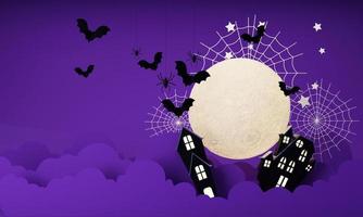 Happy Halloween party posters set with night clouds and pumpkins in cartoon illustration. Full moon and boo ghost with haunted house Place for text. Brochure background. 3d render cartoon character photo