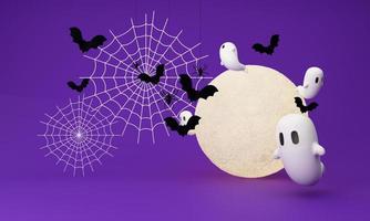 Happy Halloween party posters set with night clouds and pumpkins in cartoon illustration. Full moon and boo ghost with haunted house Place for text. Brochure background. 3d render cartoon character photo