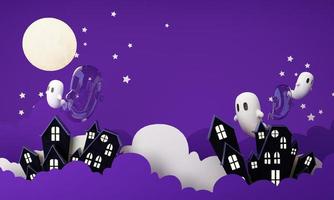 Happy Halloween party posters set with night clouds and pumpkins in cartoon illustration. Full moon and boo ghost with haunted house Place for text. Brochure background. 3d render cartoon character photo