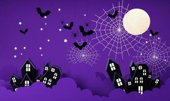 Happy Halloween party posters set with night clouds and pumpkins in cartoon illustration. Full moon and boo ghost with haunted house Place for text. Brochure background. 3d render cartoon character photo