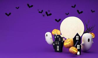 Happy Halloween party posters set with night clouds and pumpkins in cartoon illustration. Full moon and boo ghost with haunted house Place for text. Brochure background. 3d render cartoon character photo