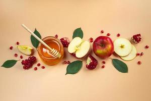 Traditional Jewish holiday New Year. Happy Rosh Hashanah. Apples, pomegranates and honey on yellow background. Place for your text. photo