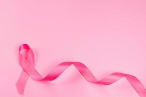 Pink ribbon on colored background. Breast Cancer Awareness Month symbol. Women's health care concept. Promotion of campaign to fight cancer. photo