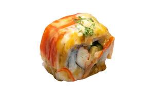 Sushi rolls or maki sushi with cucumber, crab sticks and sauce isolated on white background. Japanese food. Clipping Path. photo