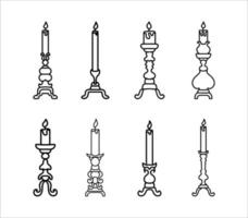 Set of Burning Candle in Candlestick Vintage Decoration vector