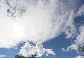 Beautiful blue clear sky with white clouds background in sunny day and copy space. Nature bright sky background image. Summer blue sky. Texture for Design. Natural cloudy Wallpaper. photo