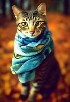 A cat wearing a scarf in an Autumn forest. photo