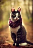 un gato con una bufanda en un bosque de otoño.