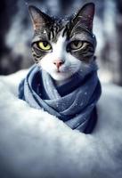 A cat wearing a scarf in an snow forest. photo