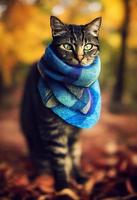 un gato con una bufanda en un bosque de otoño. foto