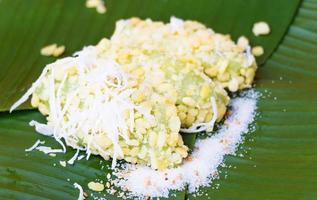 sweet bean on banana leaf photo