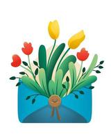 Color vector illustration of an envelope postcard with flowers, tulips for Women's Day on March 8