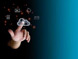 human finger pointing at the cloud show global data transfer with cloud computing, global internet, communication, big data, copy space photo