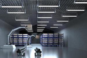 Car Robot transports truck Box with AI interface Object for manufacturing industry technology Product export and import of future Robot cyber in the warehouse by Arm mechanical future technology photo