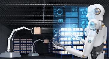 Robot arm Object for manufacturing industry technology Product export and import of future Robot cyber in the warehouse by hand mechanical future technology photo