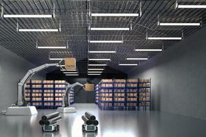 Car Robot transports truck Box with AI interface Object for manufacturing industry technology Product export and import of future Robot cyber in the warehouse by Arm mechanical future technology photo