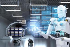 Robot arm Object for manufacturing industry technology Product export and import of future Robot cyber in the warehouse by hand mechanical future technology photo