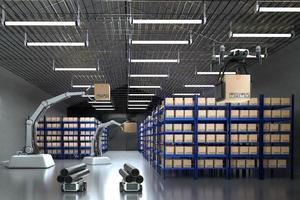 Car Robot transports truck Box with AI interface Object for manufacturing industry technology Product export and import of future Robot cyber in the warehouse by Arm mechanical future technology photo