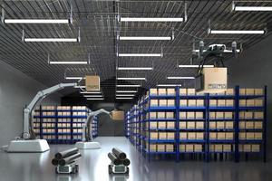 Car Robot transports truck Box with AI interface Object for manufacturing industry technology Product export and import of future Robot cyber in the warehouse by Arm mechanical future technology photo