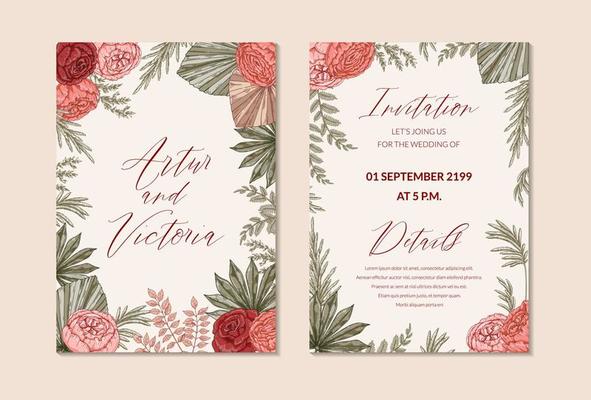 Two sides vertical boho wedding card. Save the date. Hand drawn vector illustration