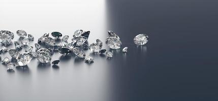 Group of diamonds placed on glossy background, 3d Rendering. photo
