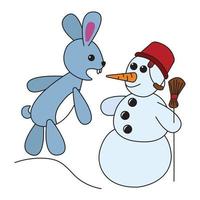 The bunny bites off the snowman's carrot nose. Cute childish art in cartoon style. Vector illustration isolated on white background.