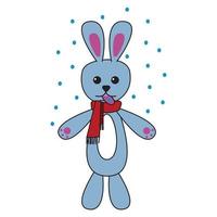 Bunny catches snowflakes with her tongue. Cute childish art in cartoon style. Vector illustration isolated on white background.