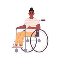 joven negro discapacitado sentado en silla de ruedas. personaje masculino con una discapacidad física. vector