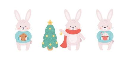 Cute white bunnies collection. Rabbit decorating Christmas tree, bunny with cookie, Christmas drink. Year of the Rabbit vector