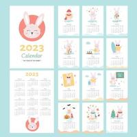 Calendar 2023 with cute rabbit. Bunny character mascot symbol year. Cover and 12 month vector pages. Week from Monday.