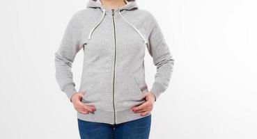 woman in gray sweatshirt, hoodies. white background - Gray pullover hoodie mockup photo