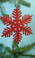 Red snowflake on the tree. New Year's decoration photo