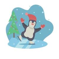 Cute Happy Little Penguin in a red cap and mittens skating on the ice near the Christmas tree. Vector winter kid illustration.