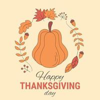 Thanksgiving cute cartoon poster. Vector autumn banner with yellow pumpkin and bright falling leaves. Greeting card for the fall season, holidays.