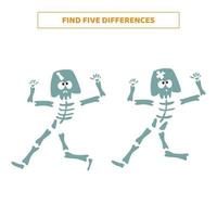 encuentra cinco diferencias entre los esqueletos de dibujos animados. vector