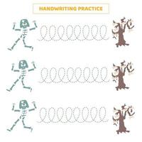 Handwriting practice for kids with cartoon skeleton and tree. vector