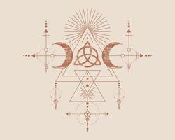 triple diosa y triquetra, geometría sagrada, triángulos tribales, fases lunares en estilo vintage chamán boho. tatuaje retro, astrología, alquimia y símbolos mágicos. vector aislado sobre fondo antiguo