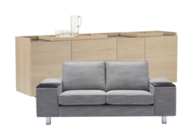 graues Sofa mit Holzschränken in Eichenfarbe zurück ausgeschnittener transparenter Hintergrund png