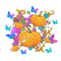 Halloween pumpkins, butterflies, flowers, gold texture, floral, butterflies. png