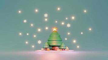 3D Rendering concept of gift box Christmas tree and shiny star on blue background. 3d render cartoon style. photo