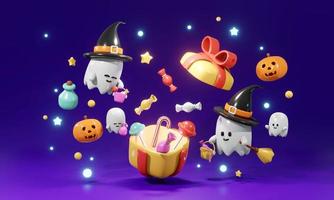 3D Rendering of gift box open with candy ghost and pumpkin concept of Halloween background. 3d render cartoon style. photo