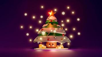 3D Rendering concept of gift box and Christmas tree in dark on background. 3d render cartoon style. photo