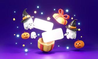 3D Rendering of gift box open with Blank paper card and ghost pumpkin concept of Halloween background for commercial advertising design. 3d render cartoon style. photo