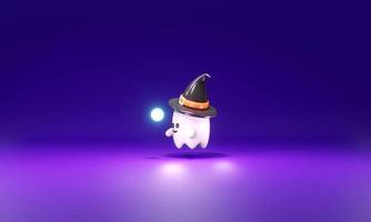 Representación 3D de un pequeño fantasma lindo mirando el concepto de luz mágica de fondo de Halloween. Estilo de dibujos animados de procesamiento 3D. foto