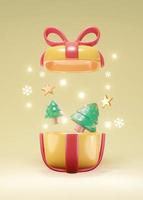 3D Rendering concept of gift box open with Christmas tree and decoration elements on background. 3d render cartoon style. photo
