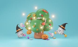 Representación 3d de árbol con fantasma de caramelo y concepto de calabaza de fondo de halloween. Estilo de dibujos animados de procesamiento 3D. foto
