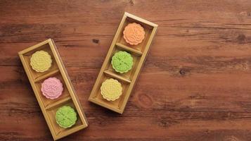 Packaging of Colorful Snowskin Moon Cake Gift for Family on Mid Autumn Festival. photo