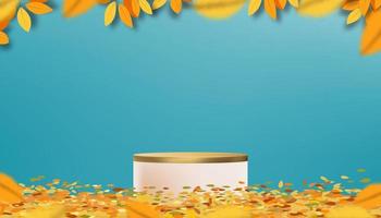 Autumn background 3D Podium display cylinder Stand with Maple Leaves on blue wall,Vector Abstract minimal design for backdrop shooting for Halloween or Fall products presentation