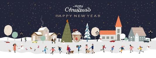 Winter scene at night with snowing and people celebrating orhaving fun in the city park at night with dark blue sky background,Vector backdrop for Christmas and Happy New Year 2023 banner vector